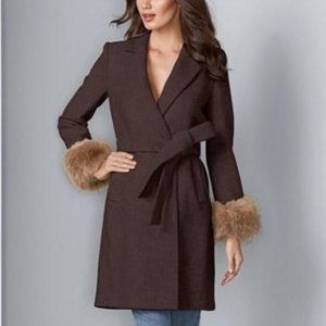NWOT VENUS Brown Fur Cuff Belted Coat